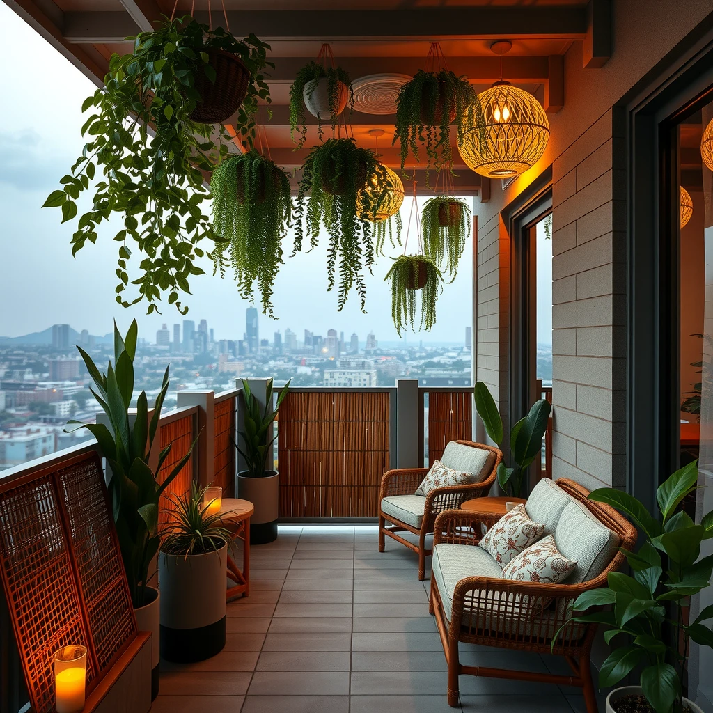 Relaxing small balcony with hanging plants, comfortable seating, and privacy screen