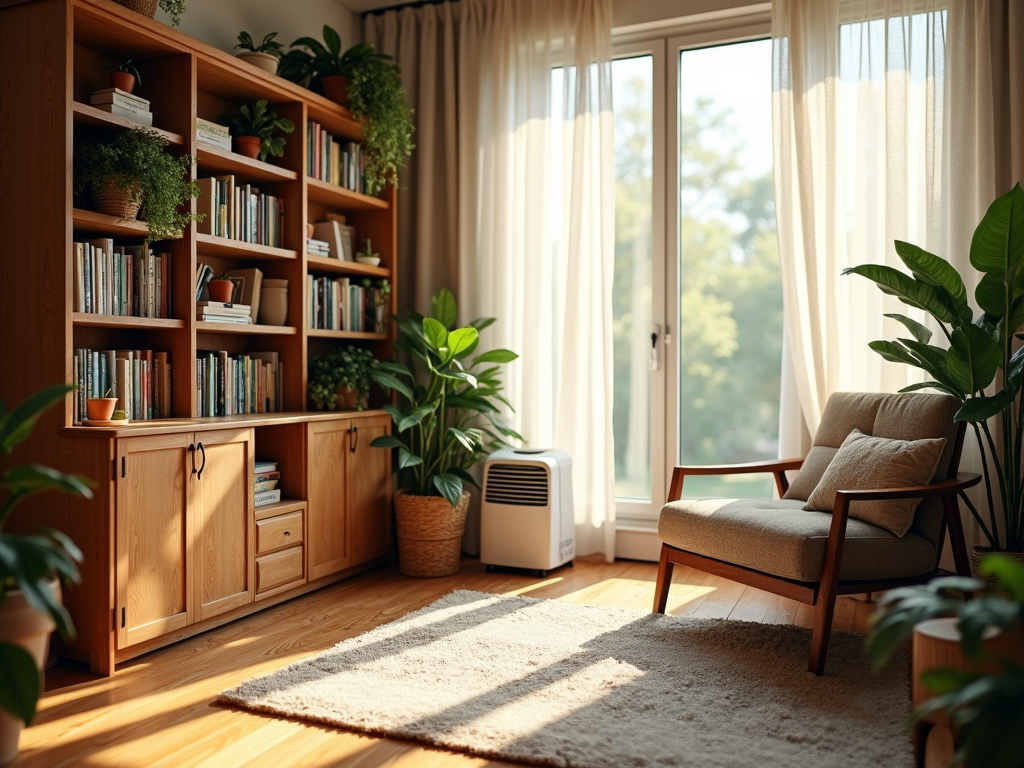 Wooden bookshelf in a humidity-controlled room with a dehumidifier.