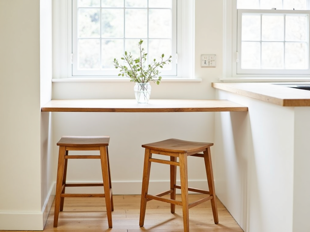 A small kitchen with a drop-leaf table extended and stools, demonstrating how multi-functional furniture adapts to tight spaces.