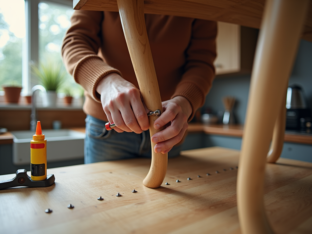 Fixing a wobbly table leg with screws and glue