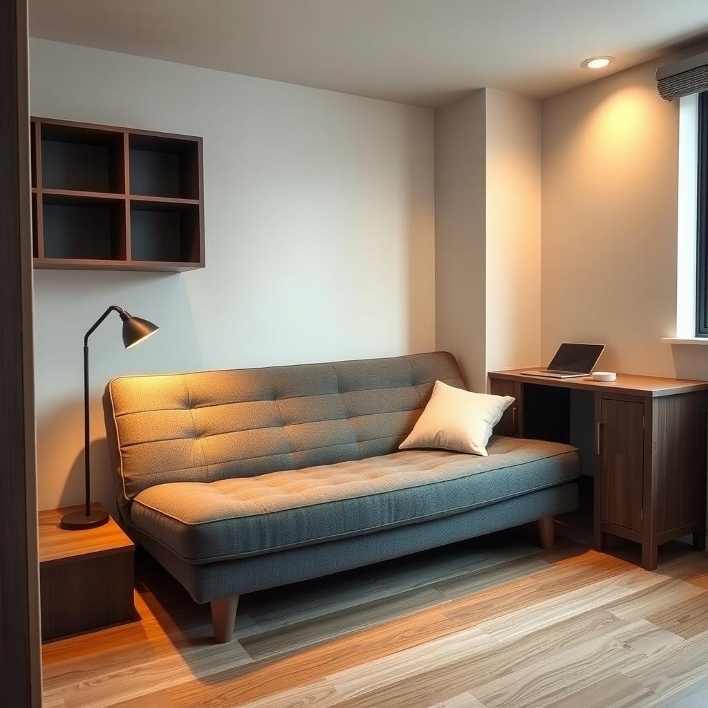 A studio apartment with a multifunctional futon sofa, foldable desk, and wall-mounted shelf.