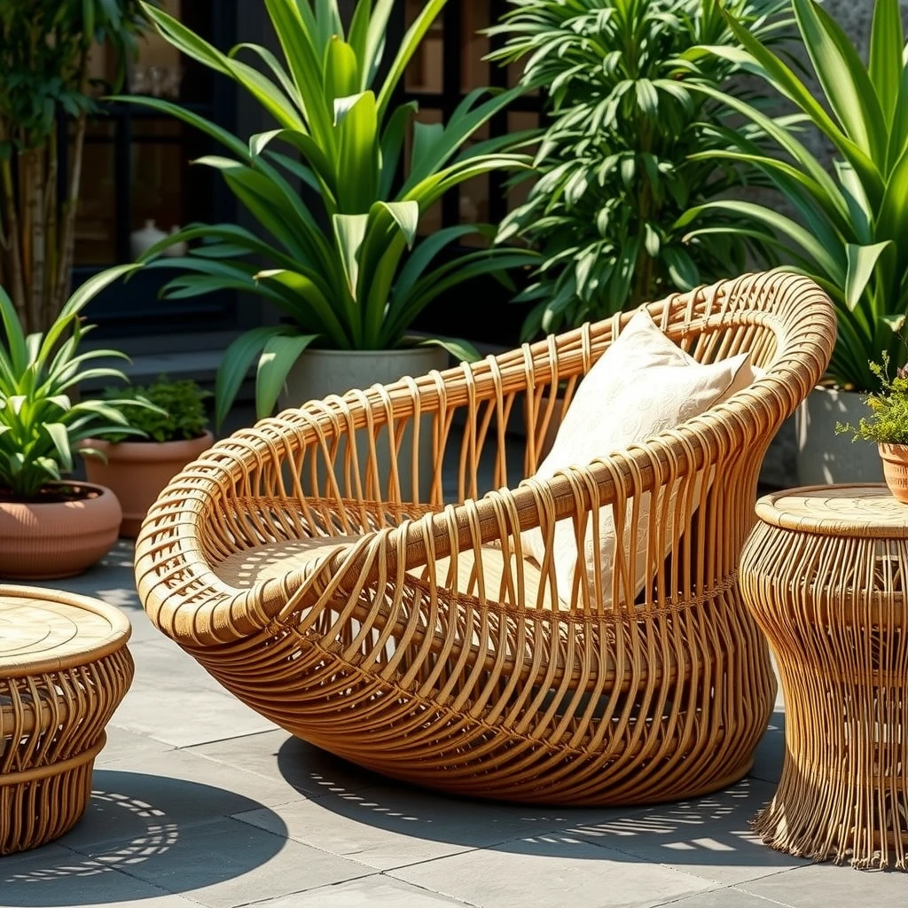 Bamboo woven patio chair on stone surface