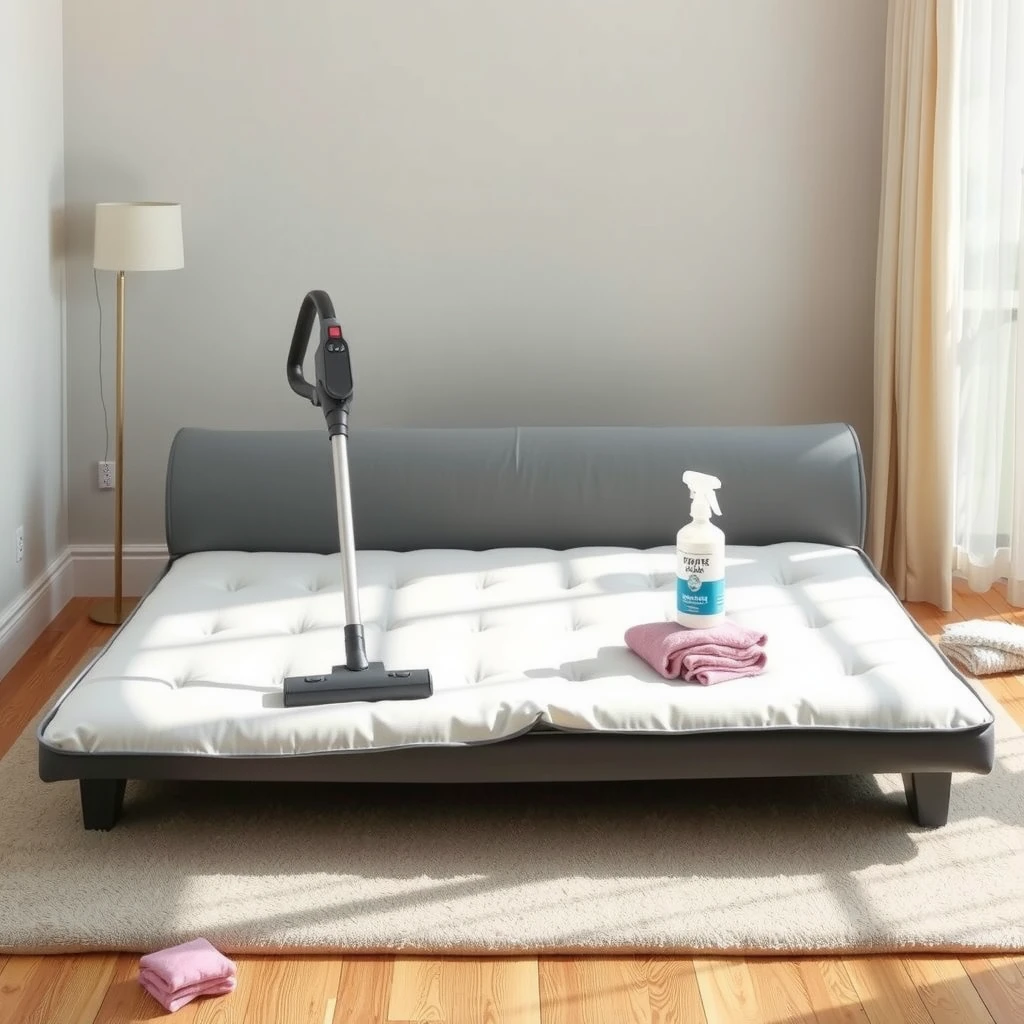 Person vacuuming and spot cleaning a futon mattress in a bright room
