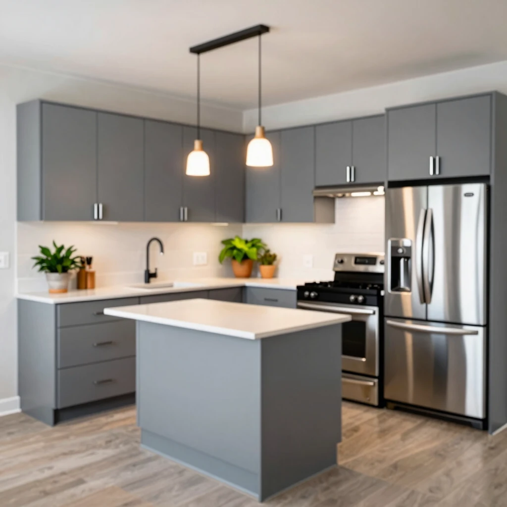 Modern small kitchen remodel showcasing innovative gray cabinets and vertical storage.