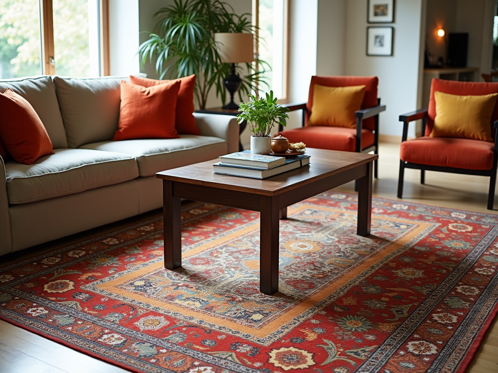 Living room with a patterned rug anchoring the seating area
