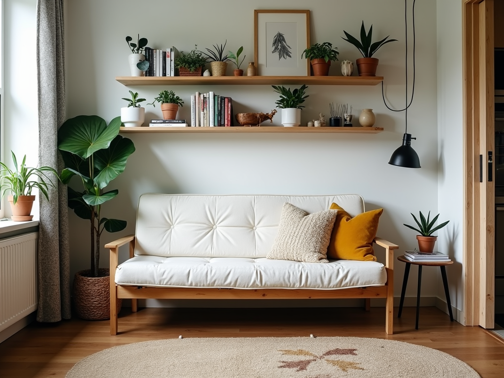 A futon in a small studio apartment, serving as both a sofa and a bed.