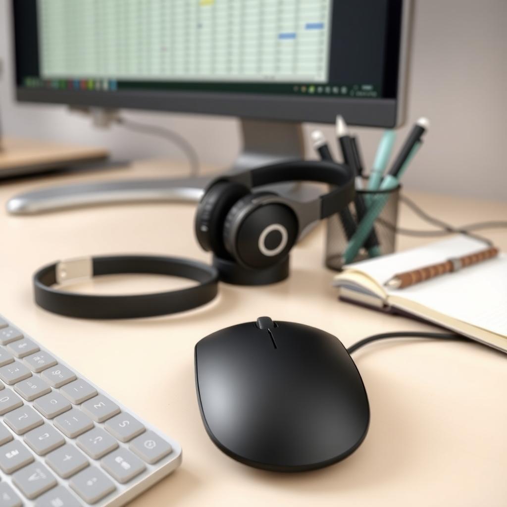 Close-up of a tidy desk with wireless keyboard, mouse, and headphones