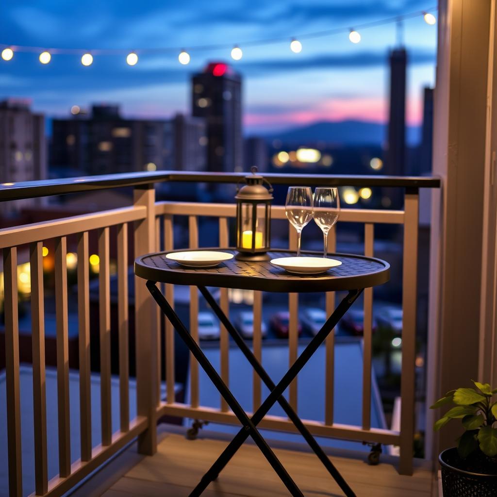 A black foldable metal table on a small outdoor patio, set with a lantern and wine glasses, with cityscape views and string lights.