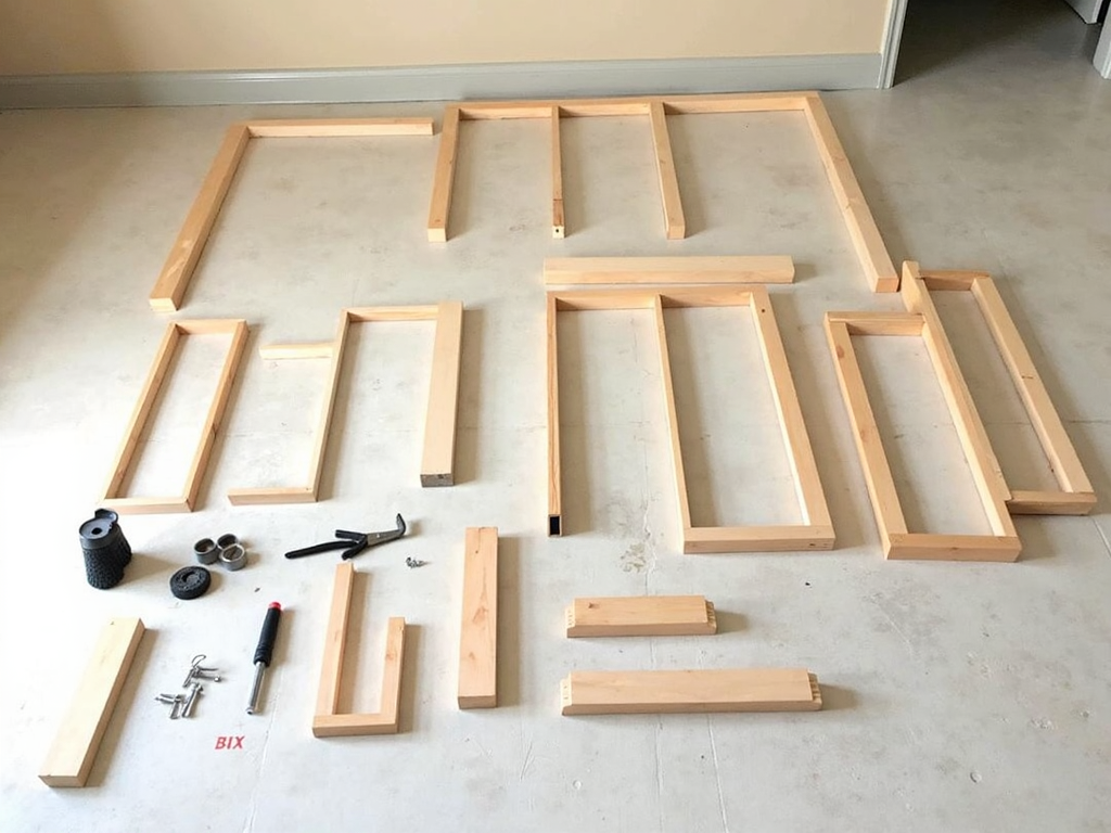 Futon parts organized for assembly