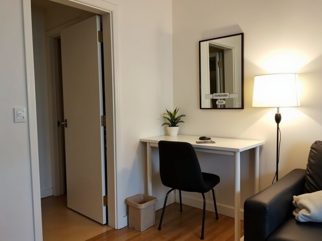 A cozy home office nook in a living room.