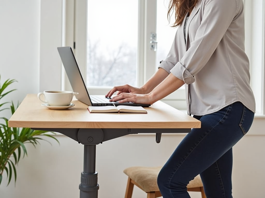 A professional working comfortably at a standing desk with adjustable features.
