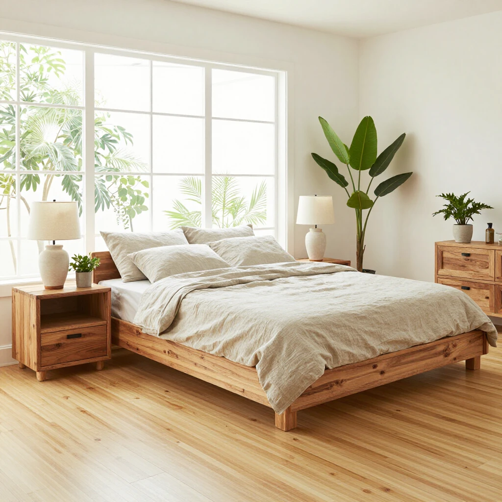 Modern eco-friendly bedroom with reclaimed-wood nightstands and natural materials