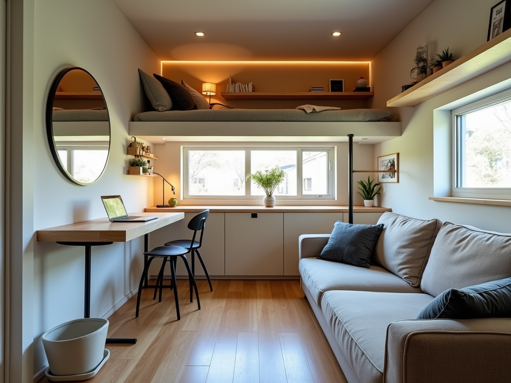 A fully optimized small apartment with multi-functional furniture and smart layout.