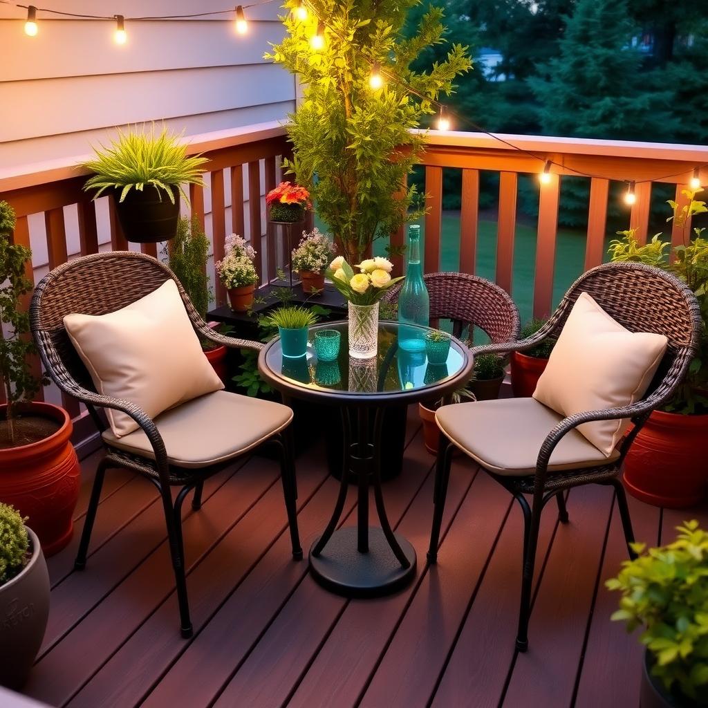 Small patio with a bistro set, potted plants, and string lights on a wooden deck.