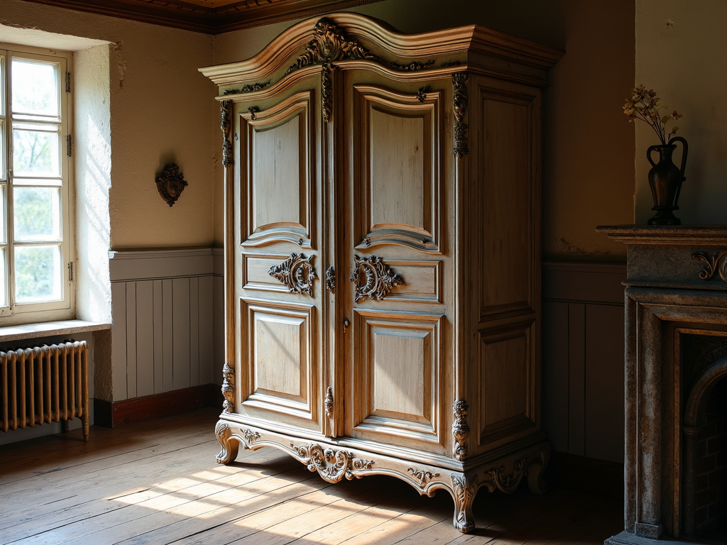 An 18th-century antique armoire with ornate carvings in a historic home.