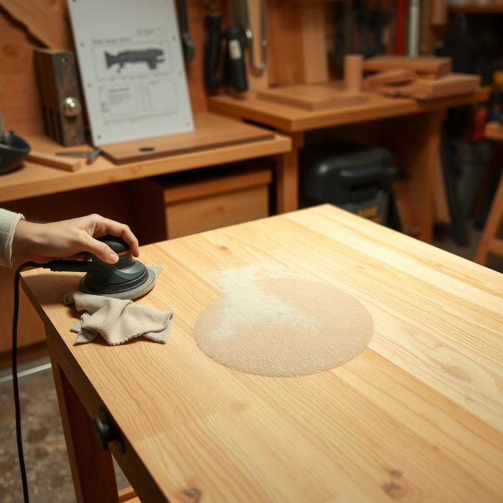 Wooden table being sanded in a tidy workshop