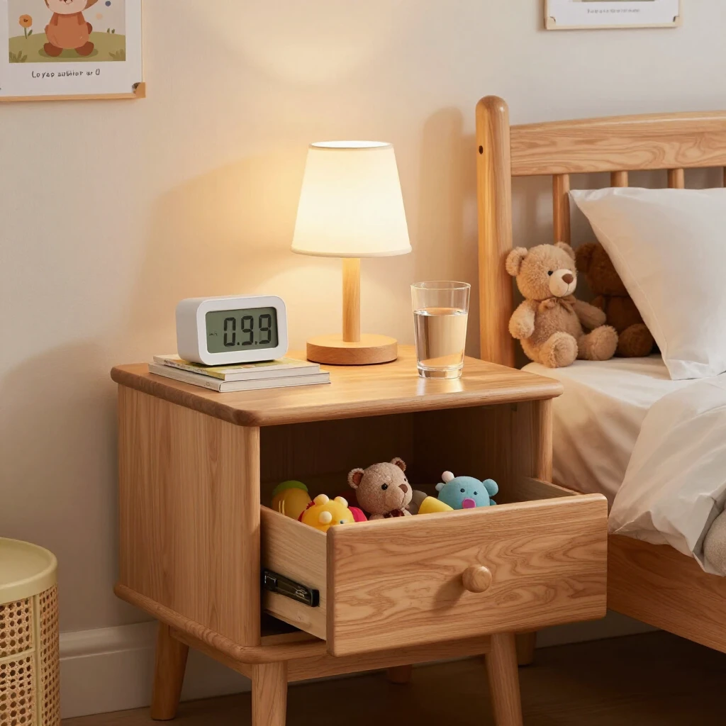 Wooden kids nightstand with lamp, clock, books, and stuffed animals