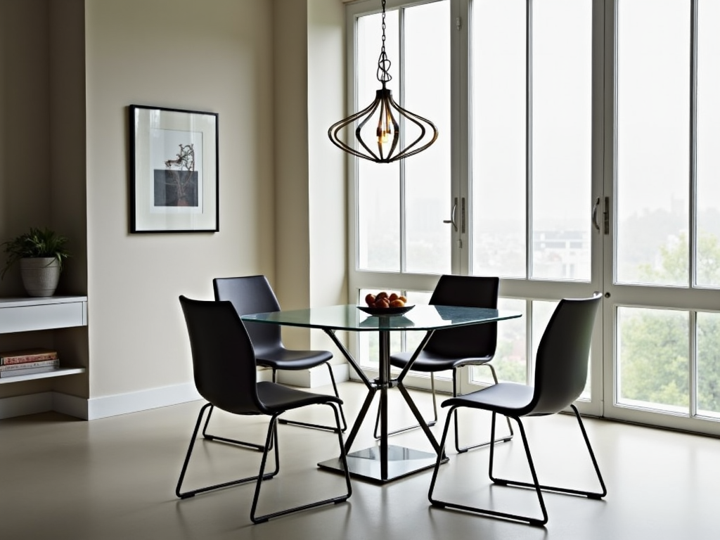 A modern dining room with a round glass table and metal chairs