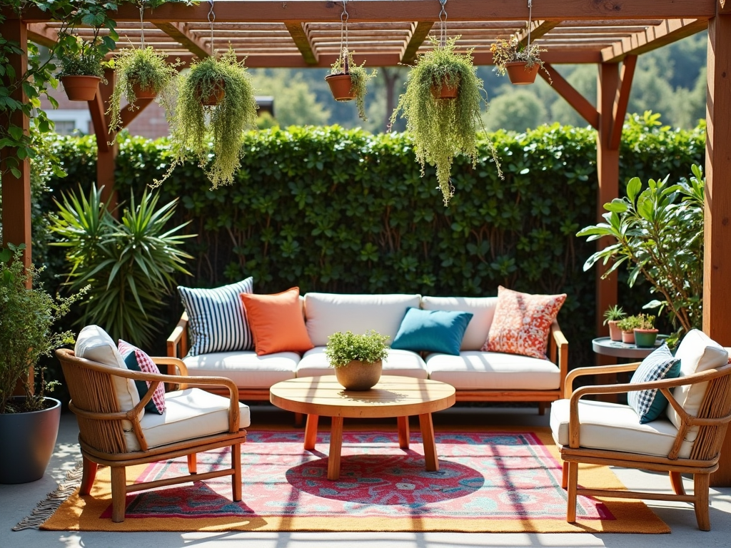 Mixed patio furniture trends under a pergola