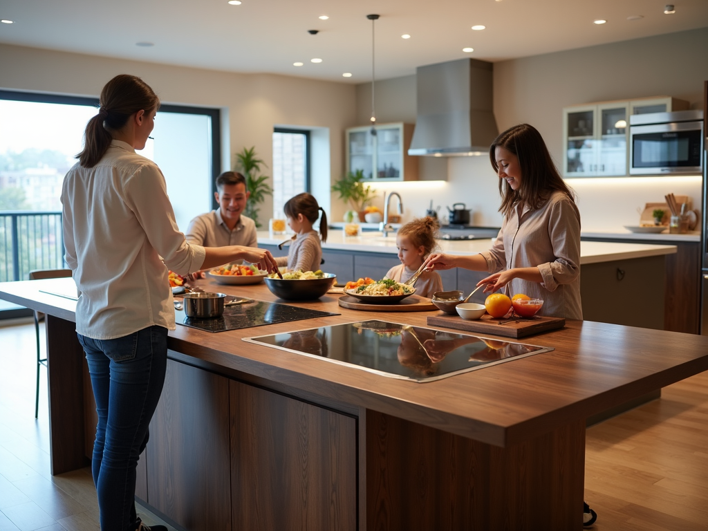 A smart dining table with integrated induction cooktops in a contemporary kitchen.