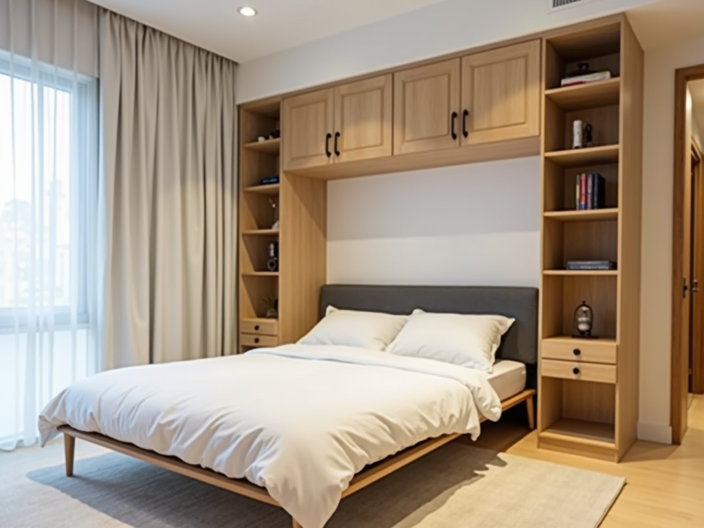 A small apartment bedroom with a futon bed and minimalist design.