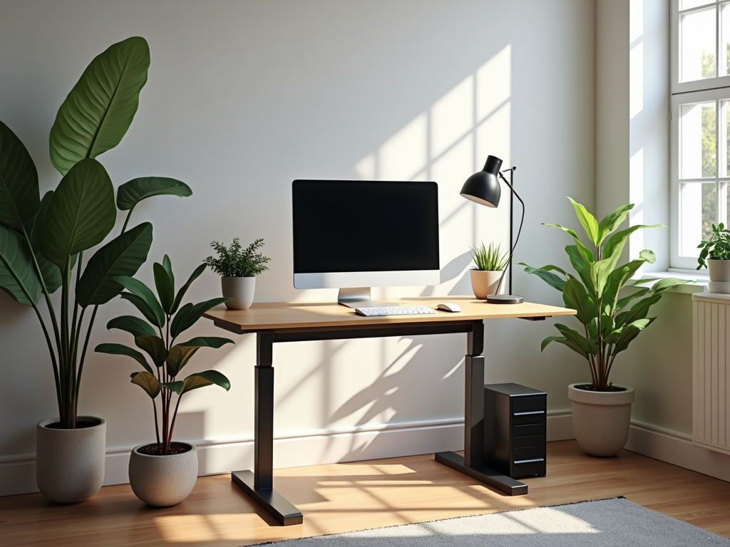 An ergonomic standing desk in a well-lit office space