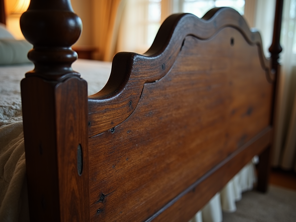 A wooden bed frame with scratches and dents, in need of repair.