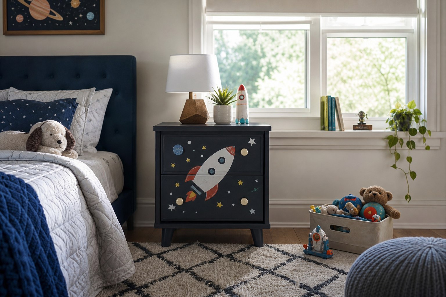 Playful kids bedroom with themed nightstand and safe decor elements