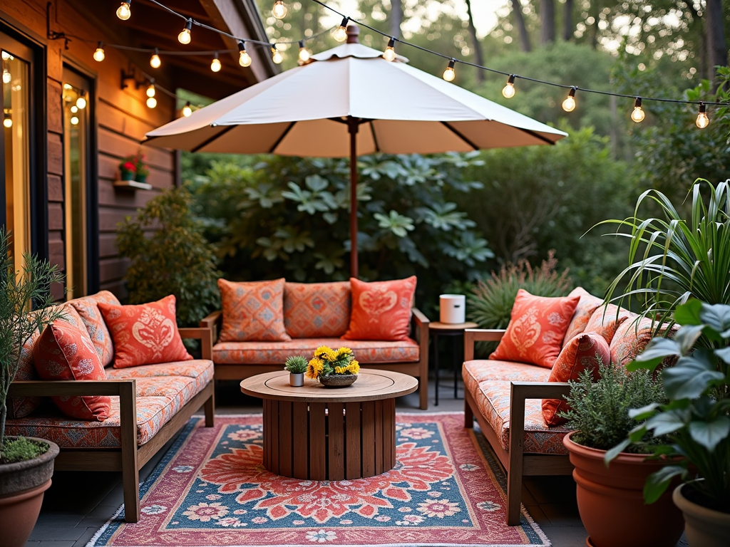 Patio enhanced with colorful accessories and lighting.