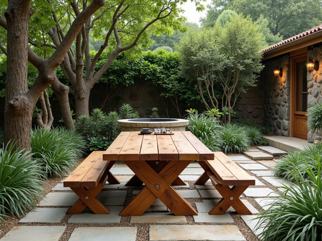 A rustic backyard with teak wood table and benches