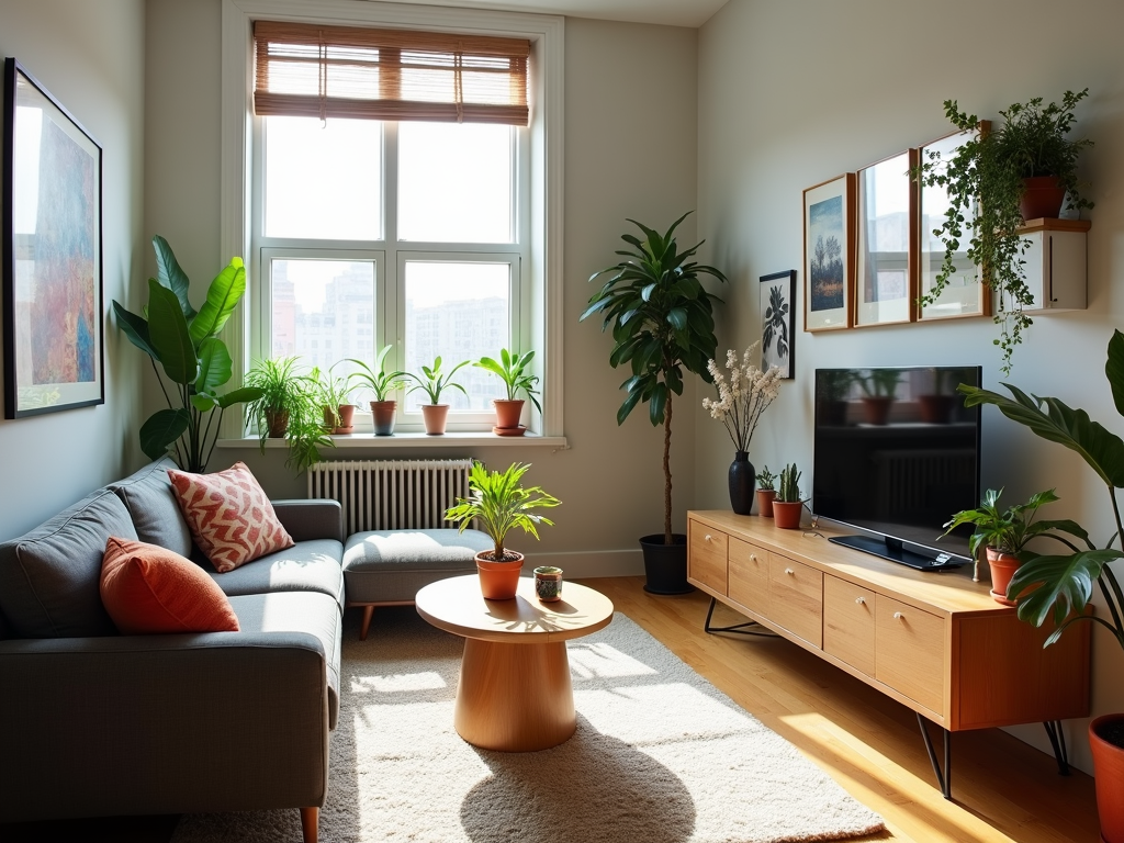 A small urban living room with a dresser as a TV stand, showing smart space use.