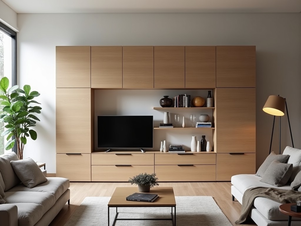 A modern living room with modular cabinet units, showcasing flexibility and stylish design.