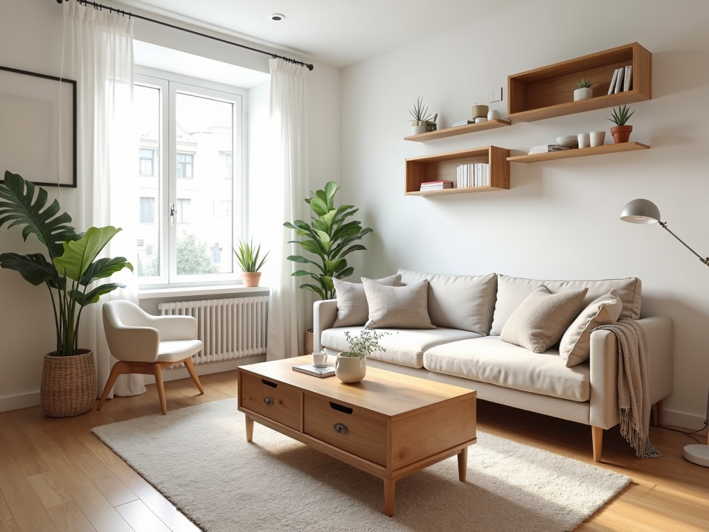 A small living room optimized with multifunctional furniture and smart storage solutions.