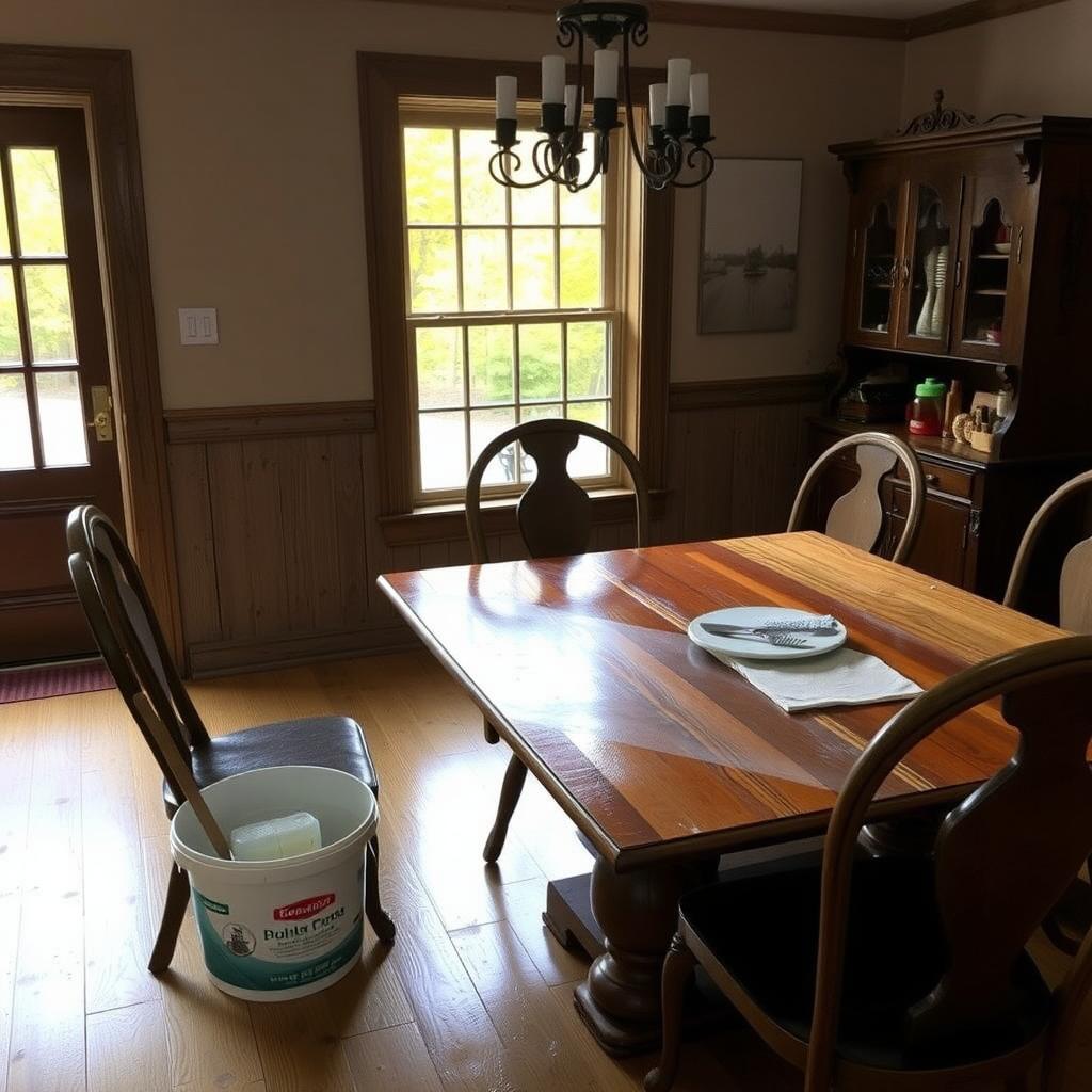 Rustic wooden dining set being polished in a cozy dining room with autumn light.