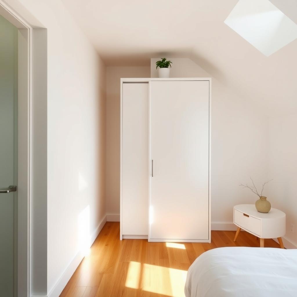 White minimalist armoire in a cozy small bedroom with wooden floors and soft natural light.