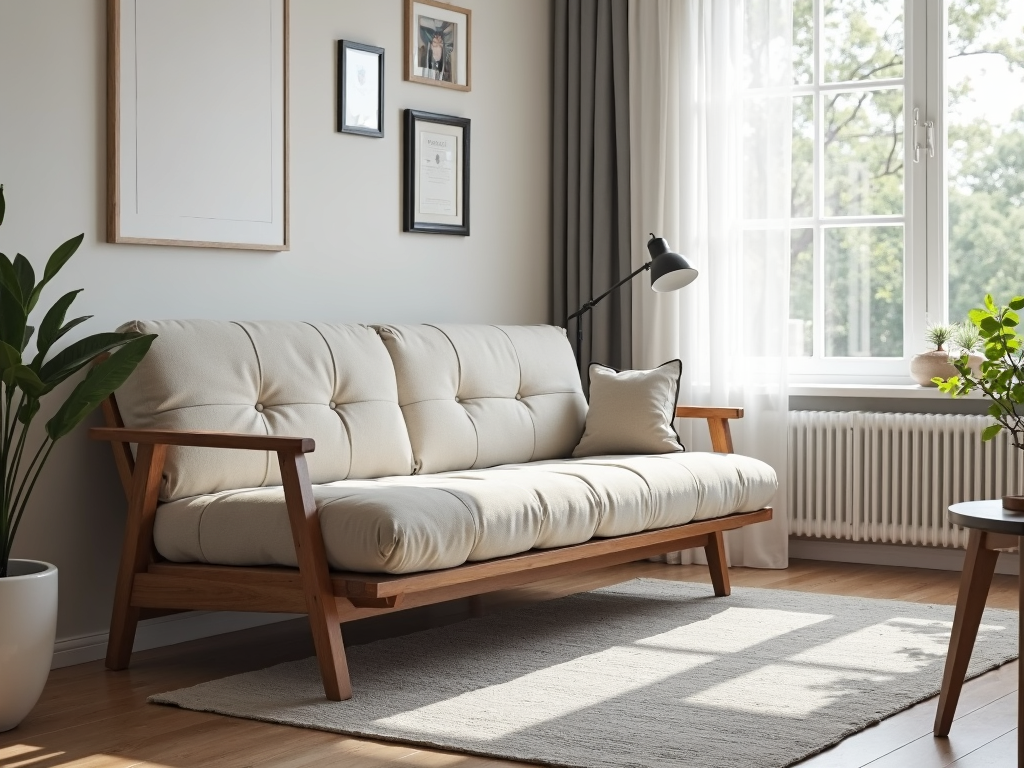 Modern futon sofa bed in living room.