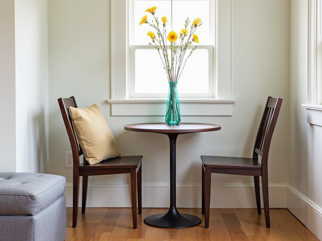 Compact dining nook with foldable chairs and storage ottoman.