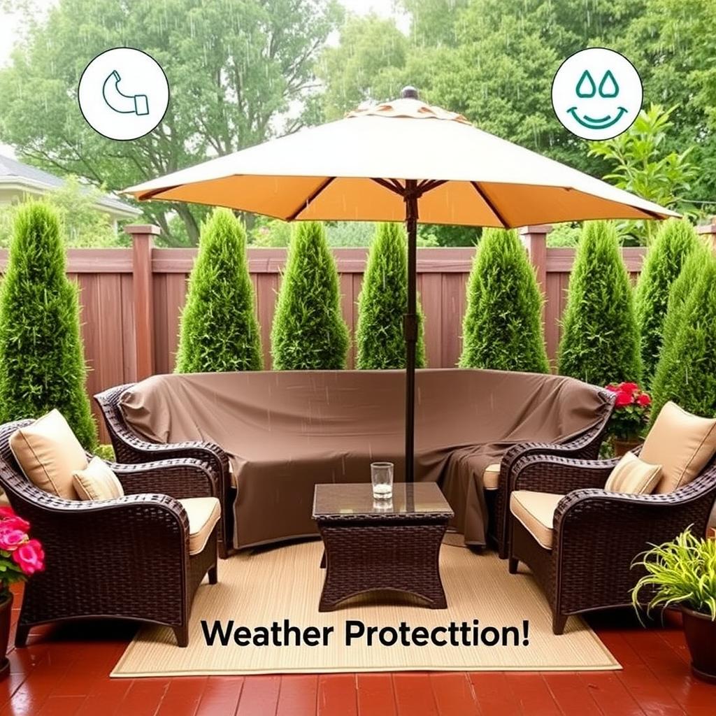 Wicker patio furniture with a waterproof cover under a UV-resistant umbrella on a rainy day.
