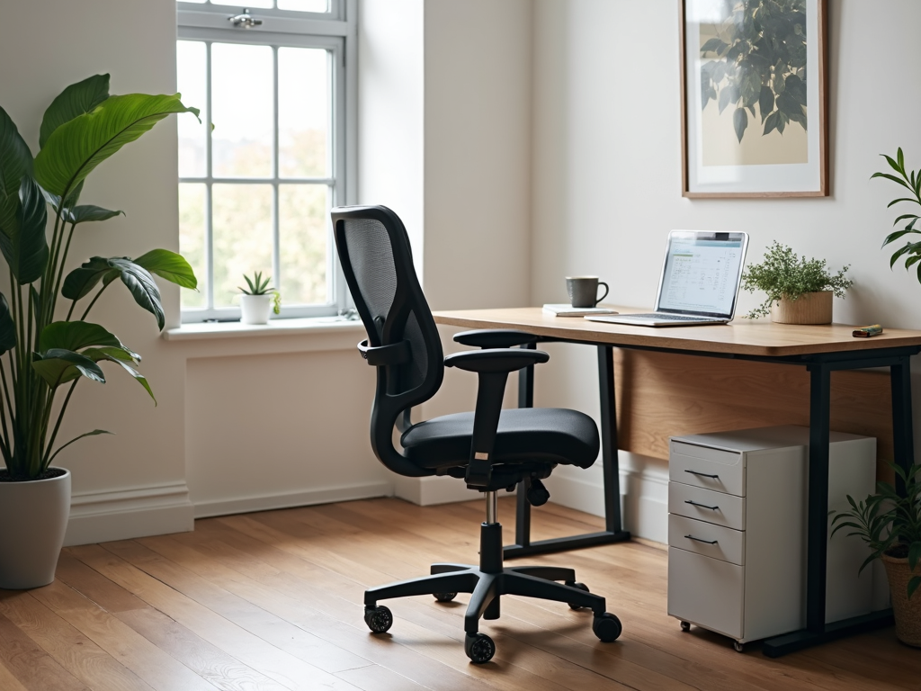 A foldable chair in a compact home office