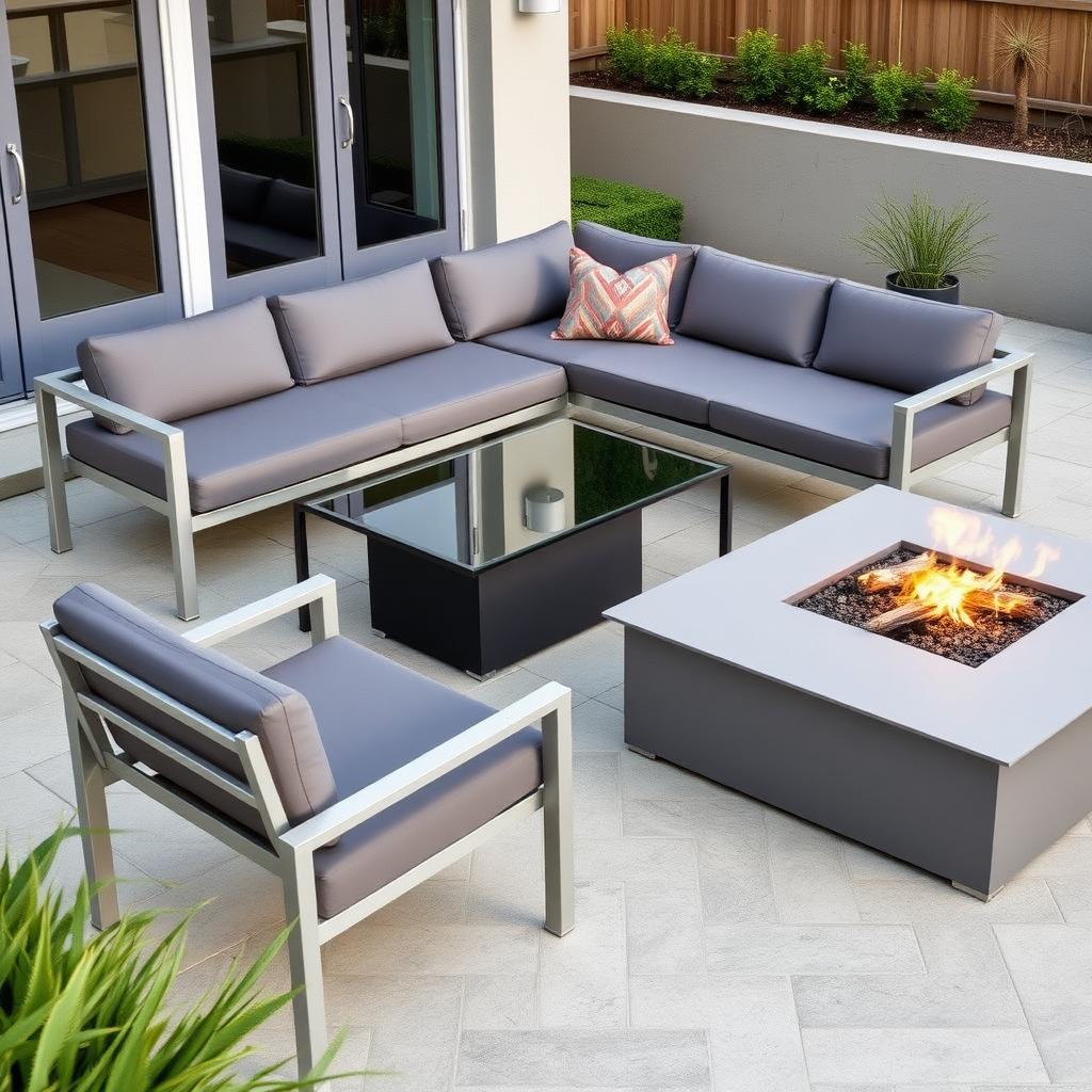 Modern patio with aluminum sectional sofa, gray cushions, glass coffee table, colorful throw pillow, and minimalist fire pit on a tiled floor.