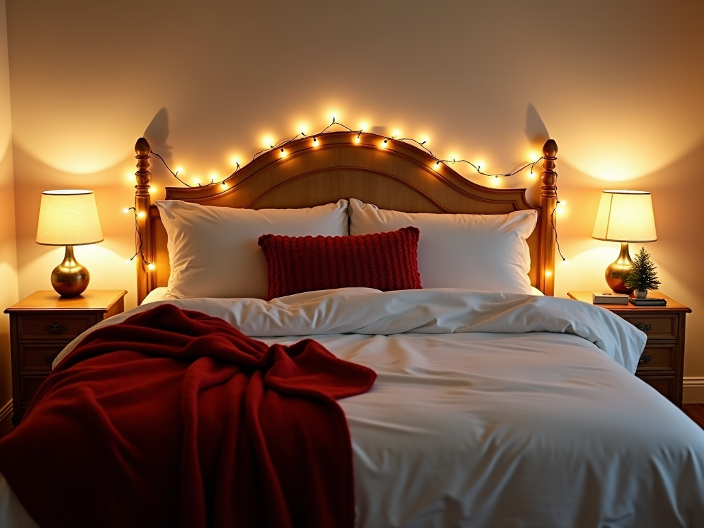 A snug winter bedroom with layered bedding and soft lighting.