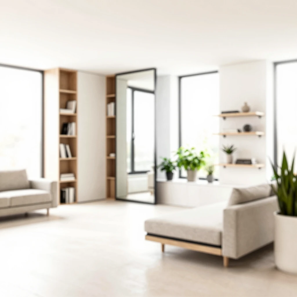 Modern minimalist studio apartment with multifunctional furniture and vertical storage