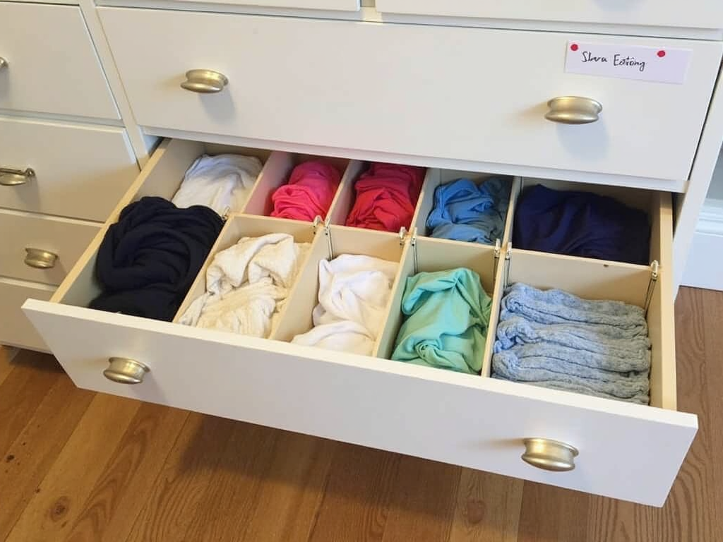 Organized six-drawer dresser with dividers and labels