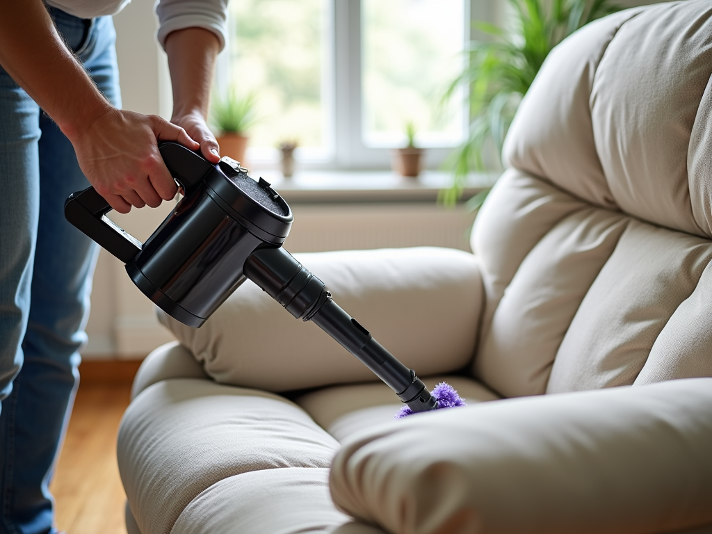 Vacuuming a recliner to remove dust and debris.