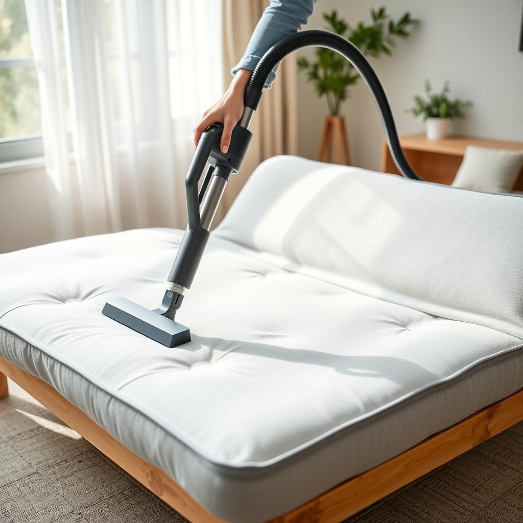 Person vacuuming a light gray futon mattress in a cozy living room with natural light.