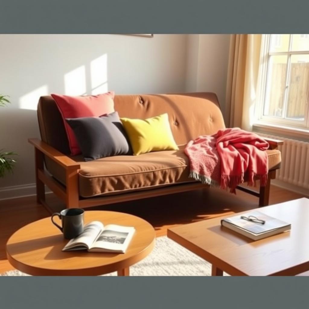 Fully assembled futon styled with pillows and a blanket in a cozy living room corner.