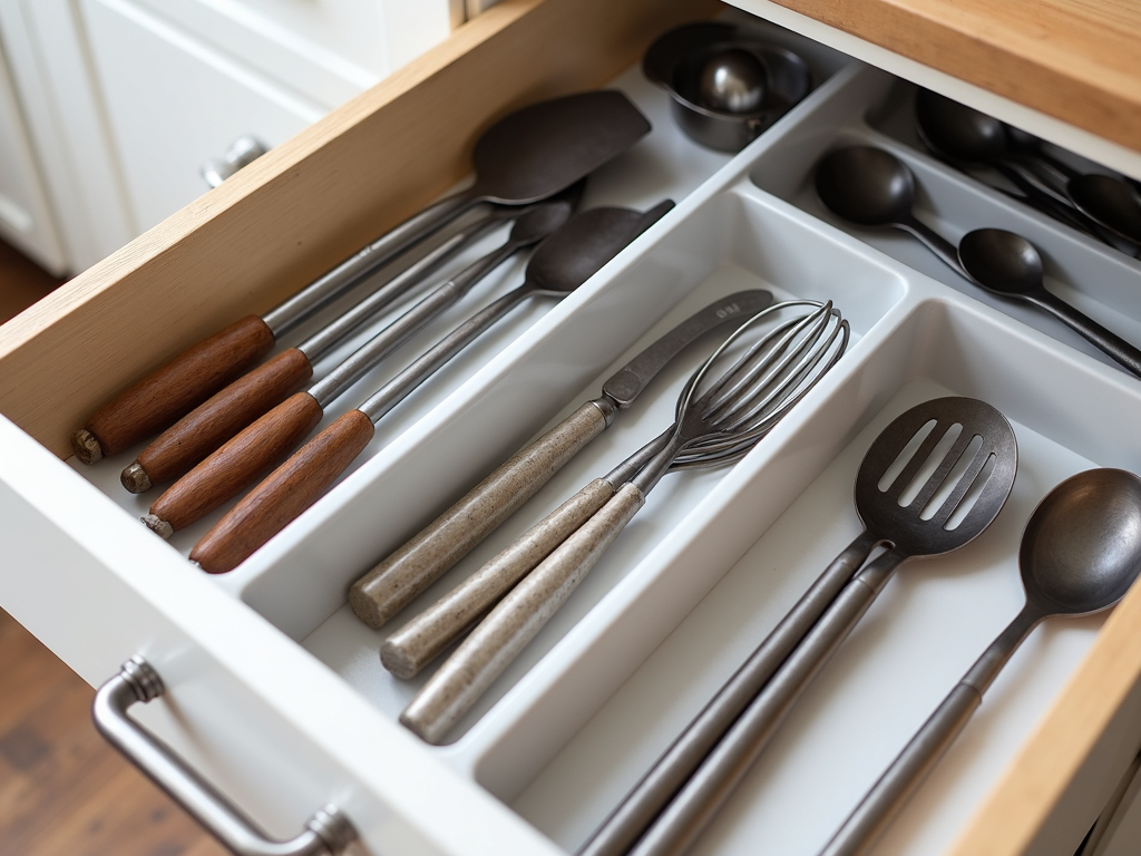 An organized kitchen drawer with dividers.