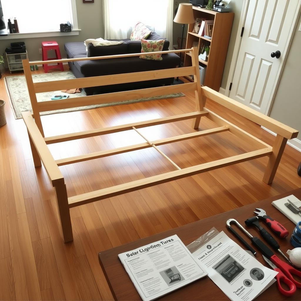Partially assembled wooden futon frame in a tidy living room workspace with tools and an instruction manual on a table.