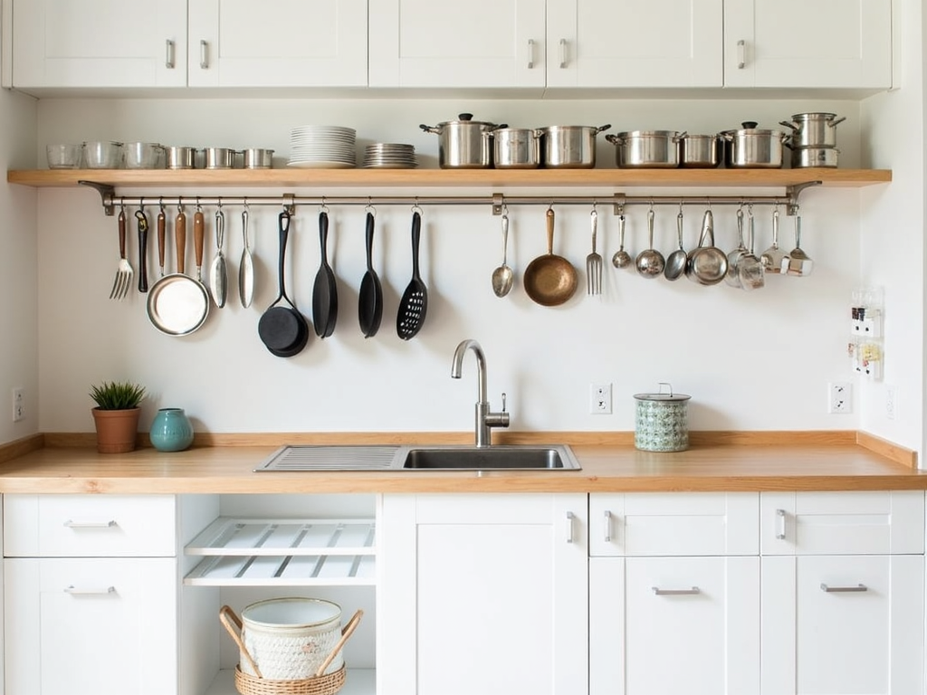 A well-organized small kitchen with vertical storage solutions.