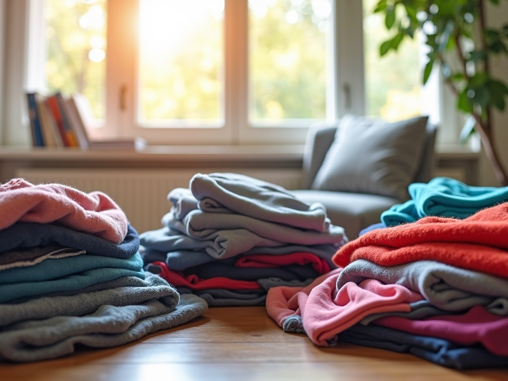 A pile of clothes sorted into donate and keep categories.